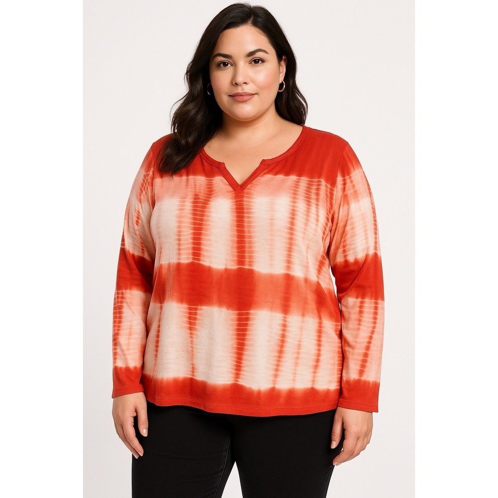 Lucky Brand Live In Love Women's 1X Orange Sleeve V-Neck Tie Dye Striped Boho